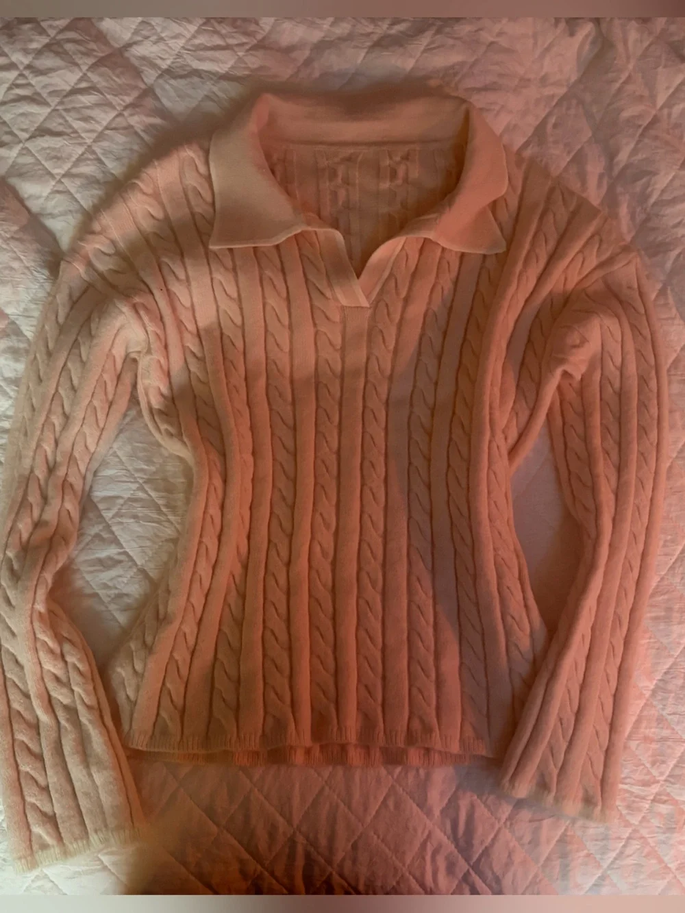 Banana Republic Pink Cable-Knit V-Neck Sweater with Collar